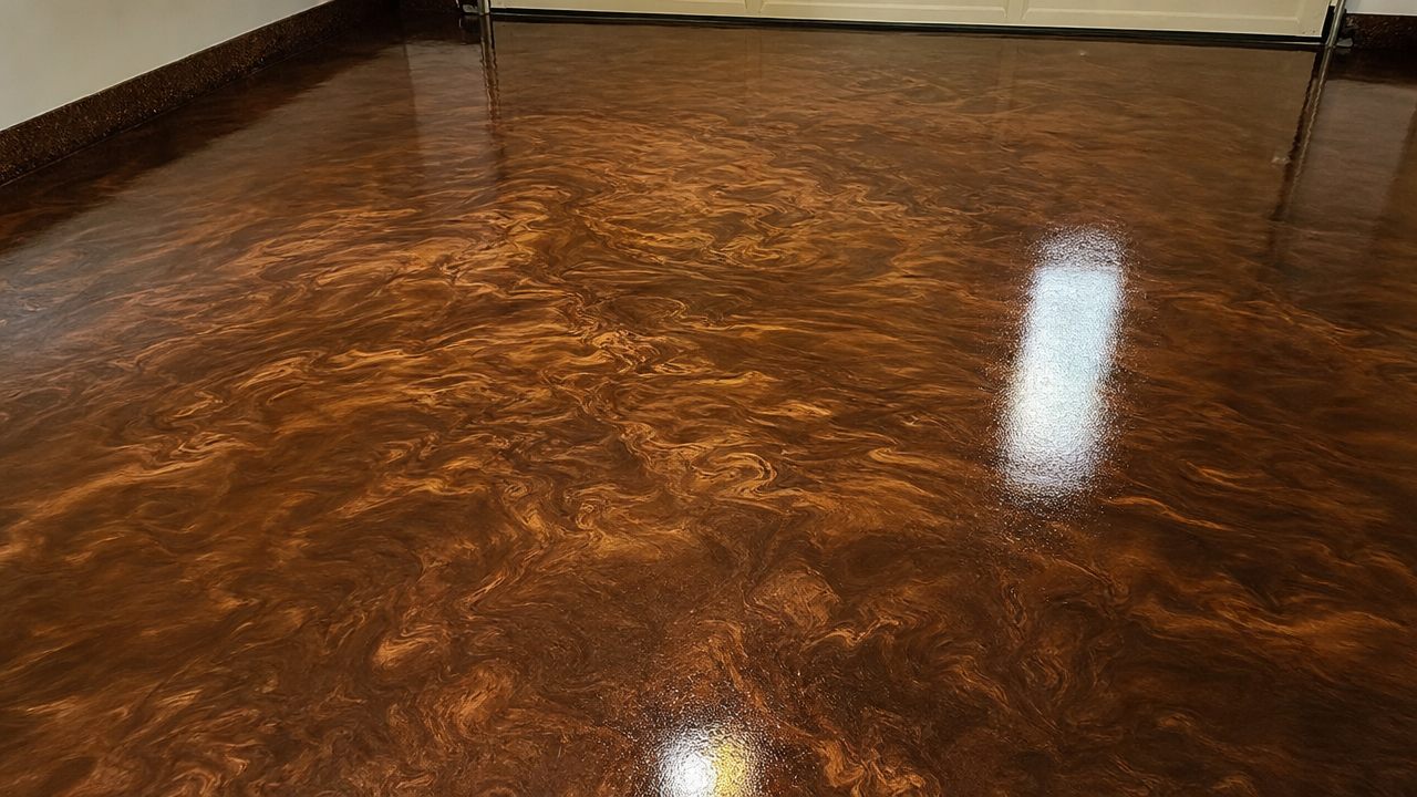Copper metallic epoxy floor with deep movement