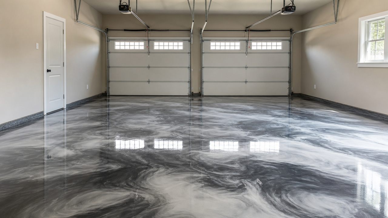 Wide view of a pearl and silver metallic garage floor in a double garage