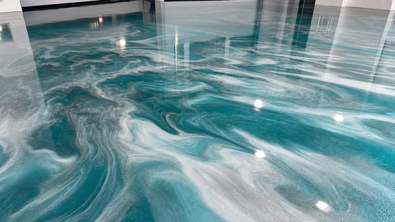 Teal and pearl metallic epoxy floor with deep colour movement