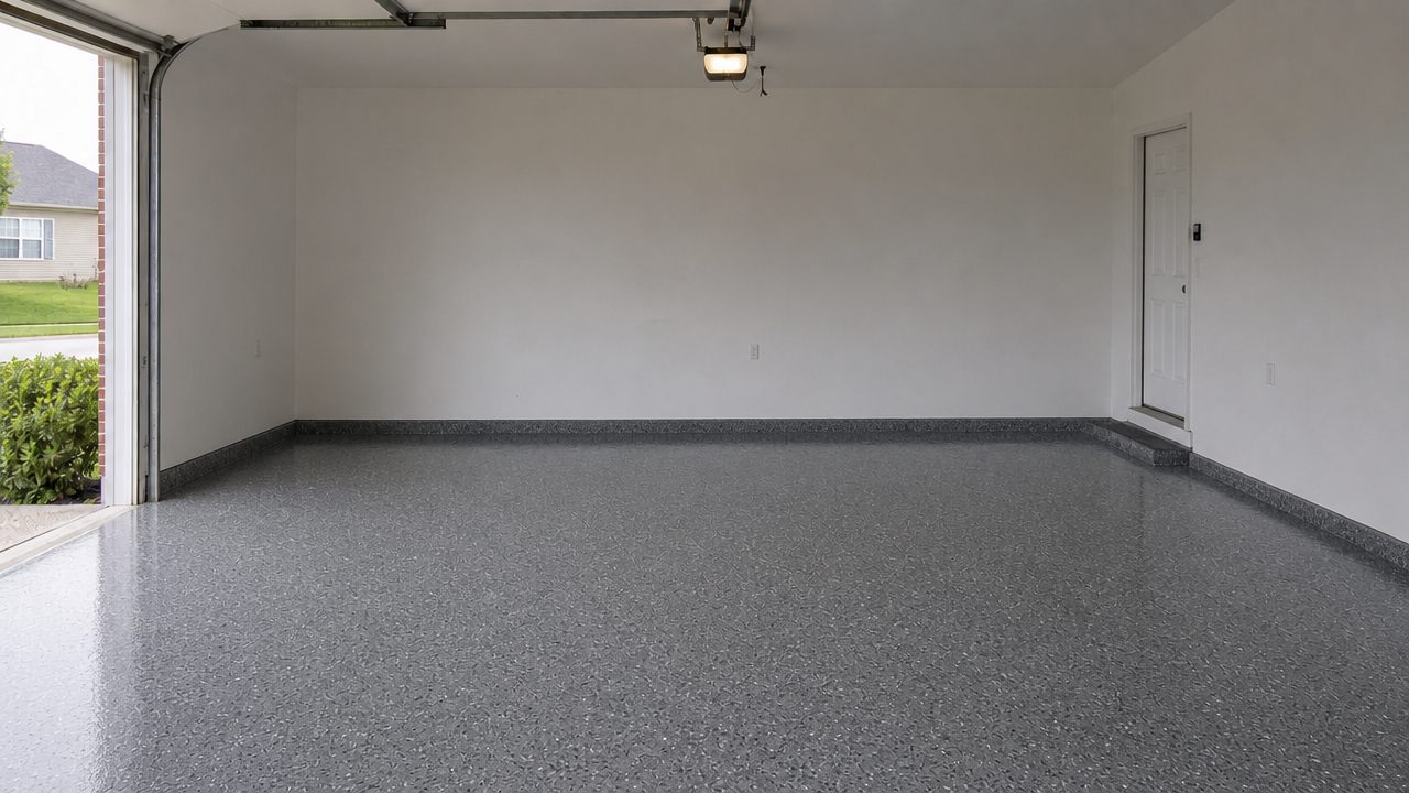 The same garage finished in grey and charcoal broadcast flake epoxy with a mirror gloss