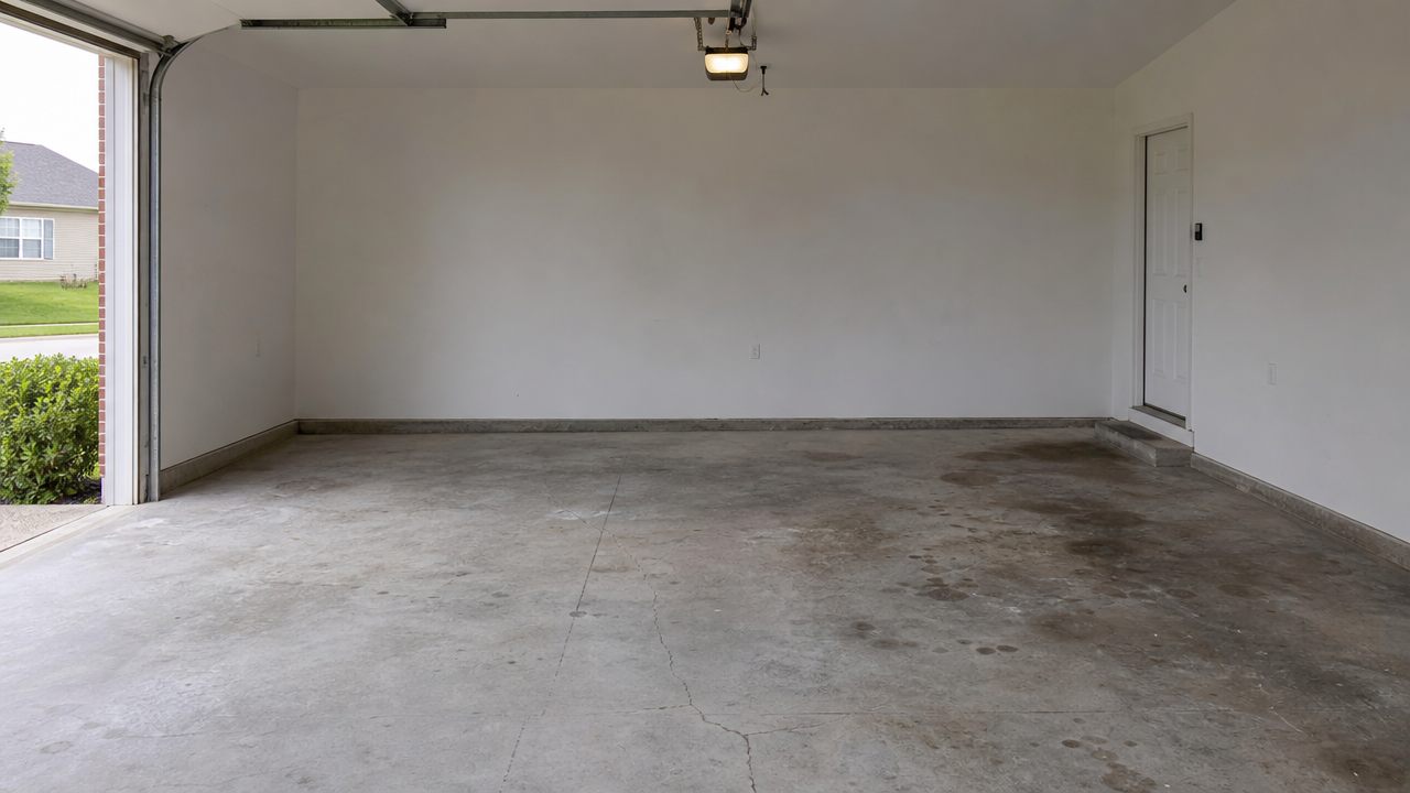 Bare grey concrete garage floor, stained and dusty
