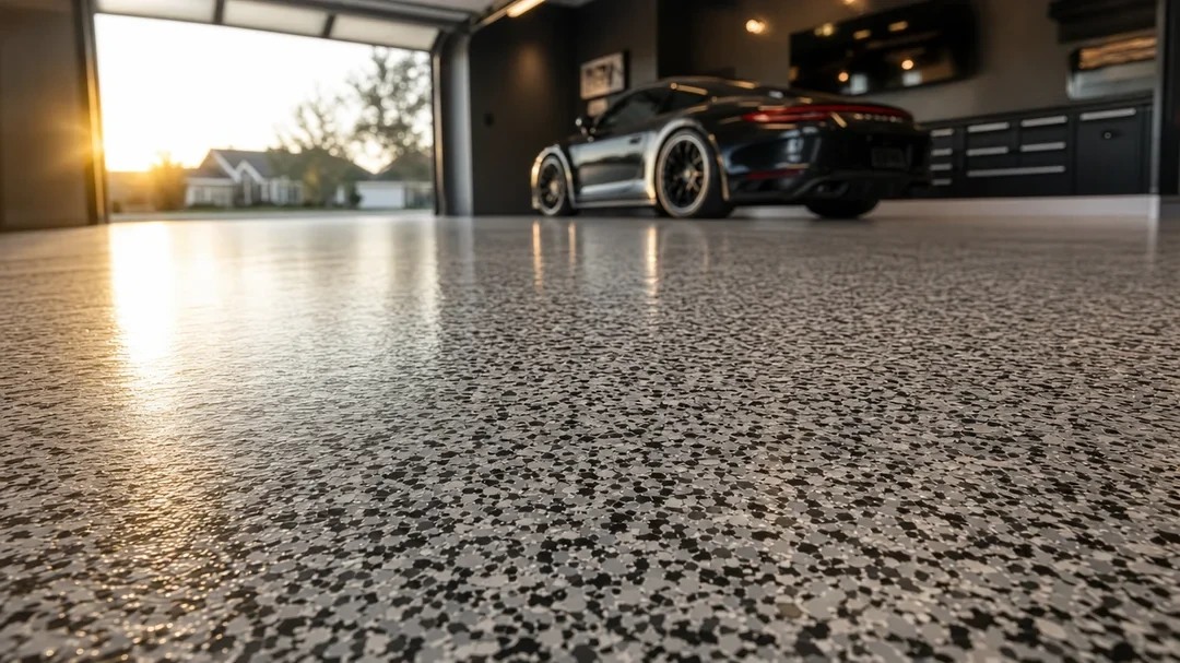 Low-angle view of a glossy grey and charcoal flake epoxy garage floor reflecting warm evening light, with a car parked in the garage beyond it