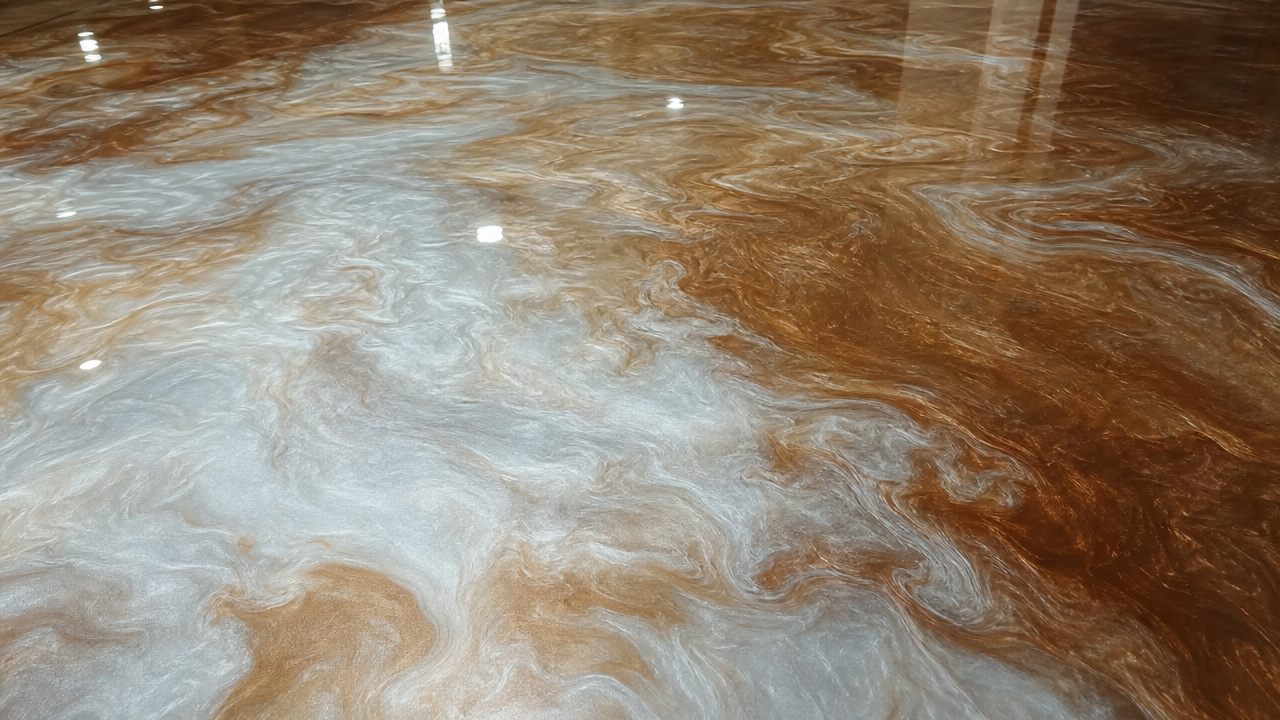 Copper and pearl metallic epoxy floor with deep swirling movement