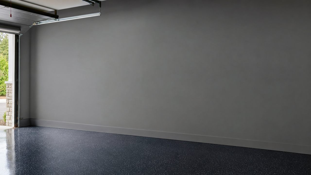 Clean coated garage wall meeting a gloss resin floor